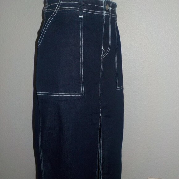 TRUE RELIGION WOMENS SIZES CARGO DARK WASH WHITE TOP STITCHED MAXI DENIM SKIRT - Picture 7 of 11